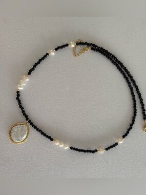 Sterling Silver (gold vermeil), Black Bead and Pearl Necklace